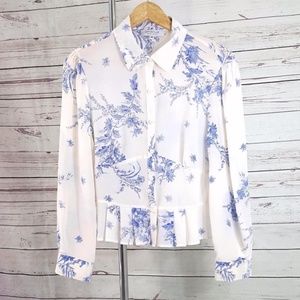 Emanuel Ungaro - White Blue Silk Floral Peplum Top